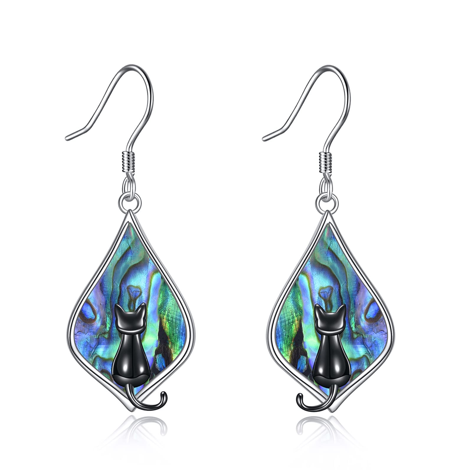 Cat Earring for Women Sterling Silver Teardrop Abalone Cat Dangle Earrings Jewelry