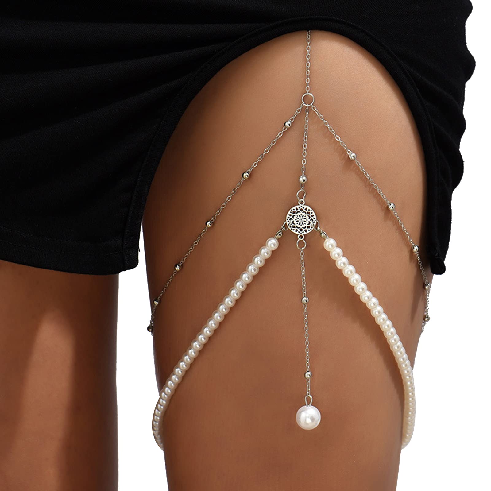 Bohemia Multi Layered Pearl Pendant Leg Chain Jewelry Summer Stretch Beaded Thigh Chain Bikini Coin Body Thigh Chain Jewelry for Women(Pearl-silver)