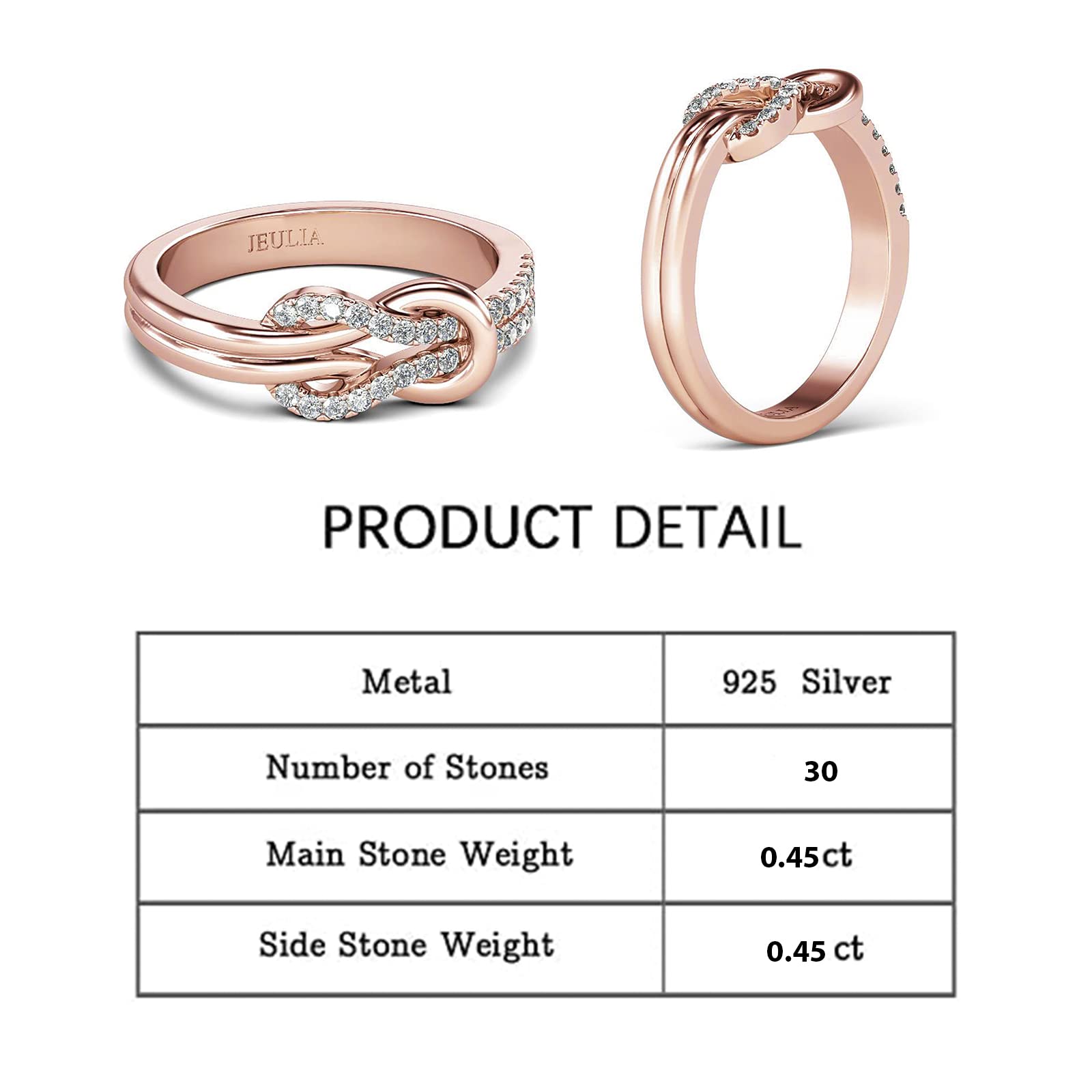 Jeulia Knot Design Band Classic Rings for Women cz Sterling Silver Eternity Rings Wedding Engagement Anniversary Promise Rings Bridal Sets (Rose Gold, 7)