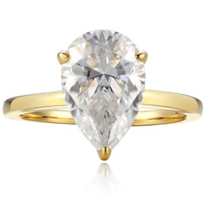 espere 3 Carat Moissanite Pear-shaped Engagement Ring in 14K Yellow Gold | Solid Gold Solitaire Ring with Plain Band | 14K Gemstone Engagement Ring (Size 7)