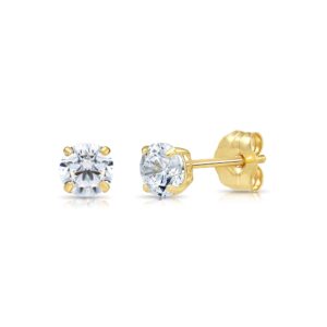 10k Solid Gold Solitaire Round Cubic Zirconia Stud Earrings in Secure Push-backs, Unisex Design (4mm, Yellow Gold)……