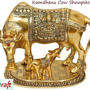 LCRAFT Brass Murti Kamdhenu Cow & Calf | Nandi Cow Decorative Showpiece | Cow with Calf Statue Idol for Diwali II Wedding II Pooja Room II Temple II Gifting | Gold and Silver (14 x 8 x 12.5 cm