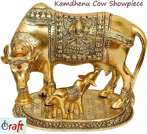 LCRAFT Brass Murti Kamdhenu Cow & Calf | Nandi Cow Decorative Showpiece | Cow with Calf Statue Idol for Diwali II Wedding II Pooja Room II Temple II Gifting | Gold and Silver (14 x 8 x 12.5 cm