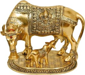 lcraft brass murti kamdhenu cow & calf | nandi cow decorative showpiece | cow with calf statue idol for diwali ii wedding ii pooja room ii temple ii gifting | gold and silver (14 x 8 x 12.5 cm