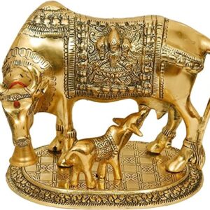 LCRAFT Brass Murti Kamdhenu Cow & Calf | Nandi Cow Decorative Showpiece | Cow with Calf Statue Idol for Diwali II Wedding II Pooja Room II Temple II Gifting | Gold and Silver (14 x 8 x 12.5 cm