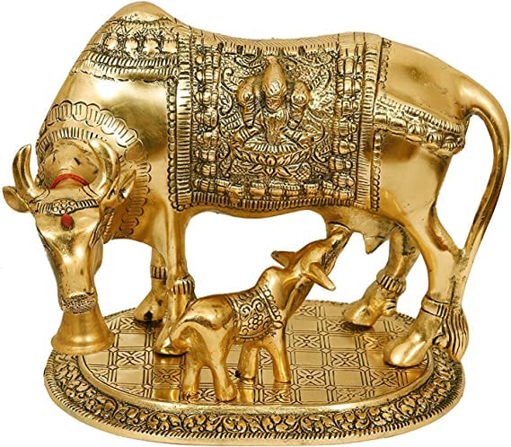 LCRAFT Brass Murti Kamdhenu Cow & Calf | Nandi Cow Decorative Showpiece | Cow with Calf Statue Idol for Diwali II Wedding II Pooja Room II Temple II Gifting | Gold and Silver (14 x 8 x 12.5 cm