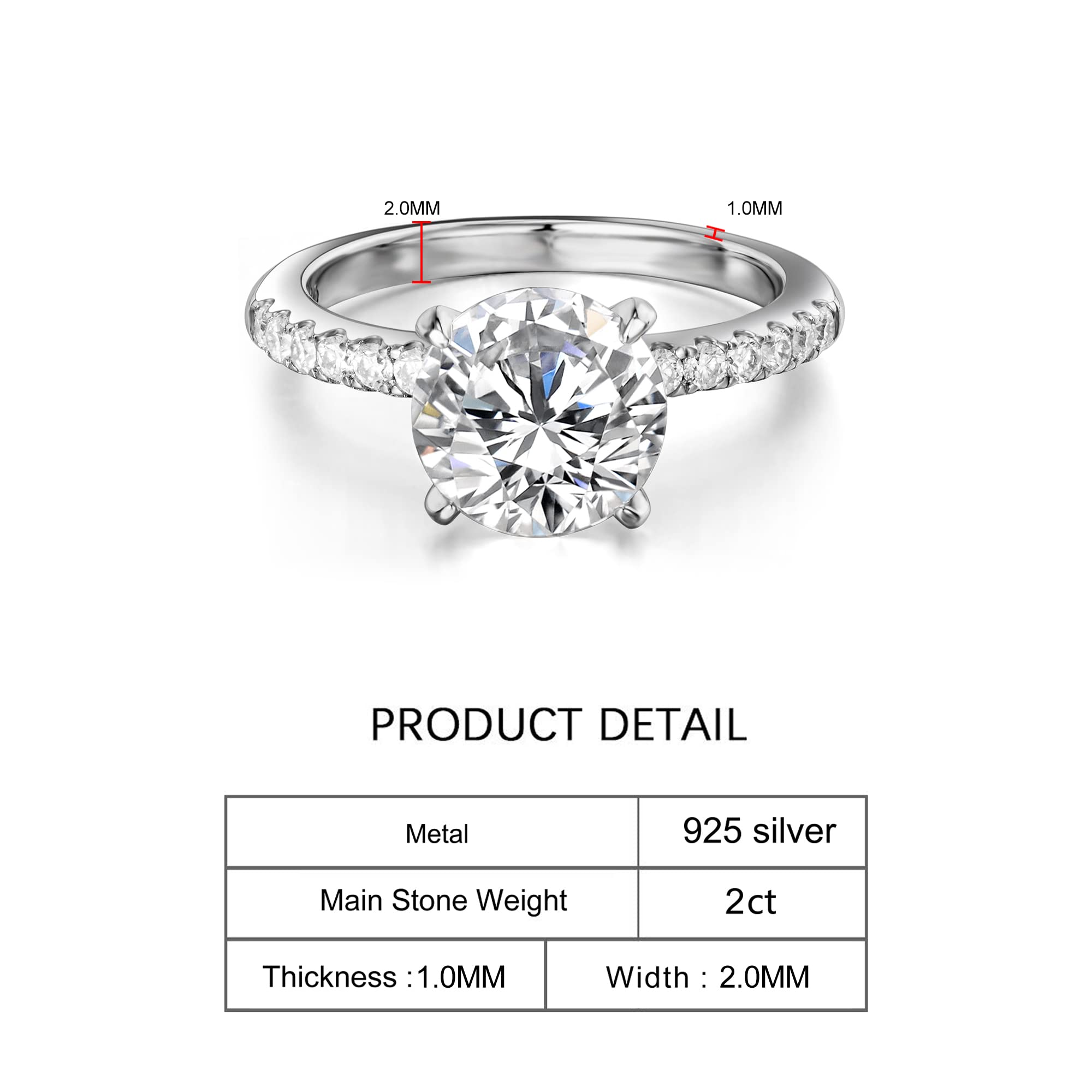 Moissanite Rings for Women 2 Carat Round Cut Sterling Silver Rings D Color VVSI Lab Created Diamond Wedding Rings for Women