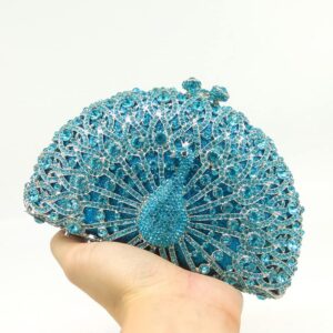 Boutique De FGG Peacock Crystal Clutch Bag Women Formal Evening Handbags Bridal Wedding Rhinestone Clutch Purse Party Bag, Mini, Light Blue