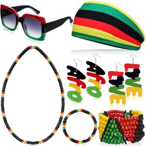 7 Pieces Jamaica Women's Jewelry Set Rasta Headband Oversized Square Sunglasses 2 Wood Dangle Earrings Jamaica Necklace Jamaica Bracelet Rasta Beaded Bracelet for Black Women