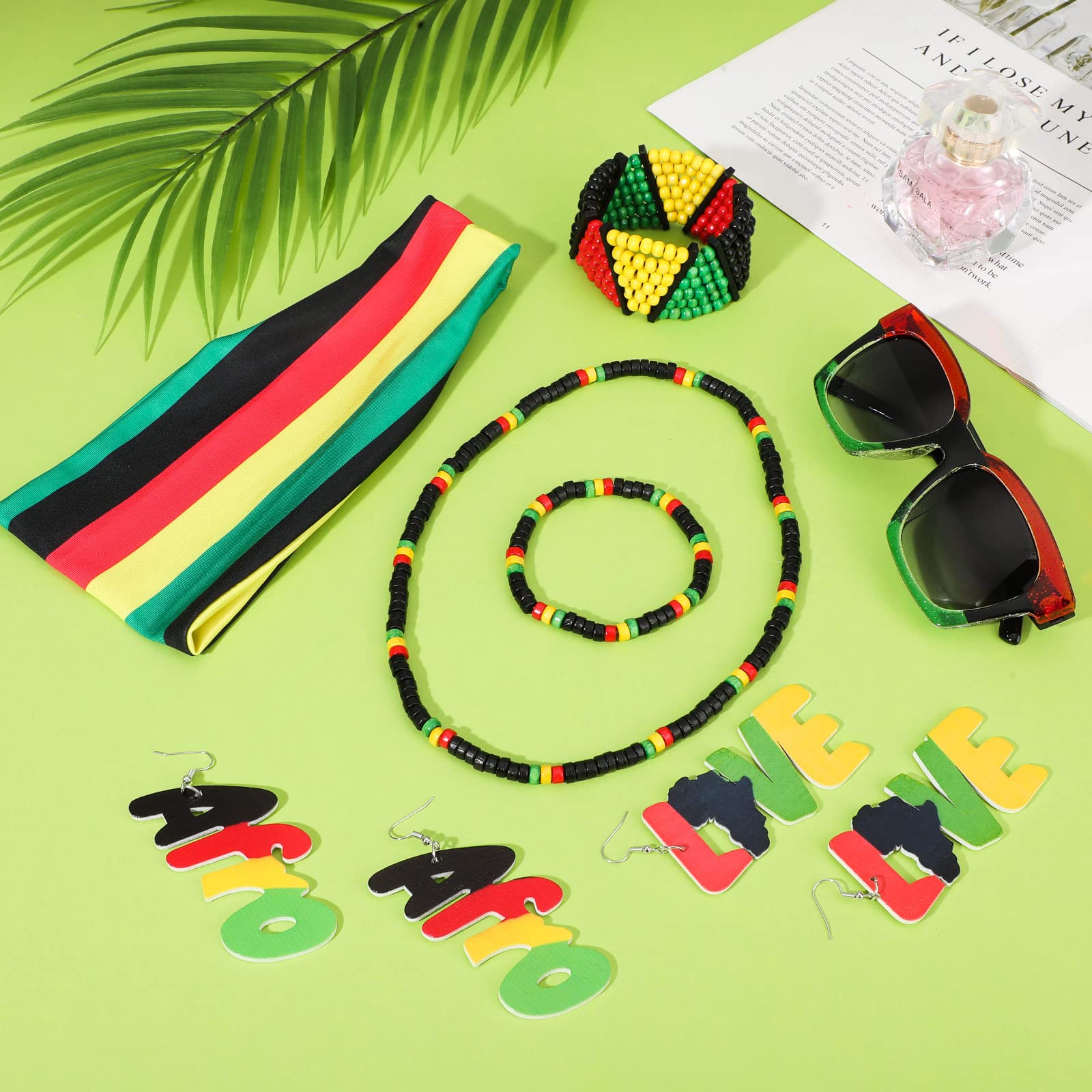 7 Pieces Jamaica Women's Jewelry Set Rasta Headband Oversized Square Sunglasses 2 Wood Dangle Earrings Jamaica Necklace Jamaica Bracelet Rasta Beaded Bracelet for Black Women