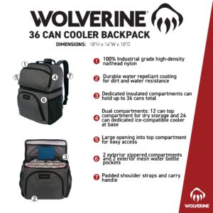 WOLVERINE 36 Can Cooler Backpack with Durable Nailhead Nylon, Dual Compartment Cooler & Dry Storage, Padded Mesh Back Panel, & Exterior Water Bottle Pockets