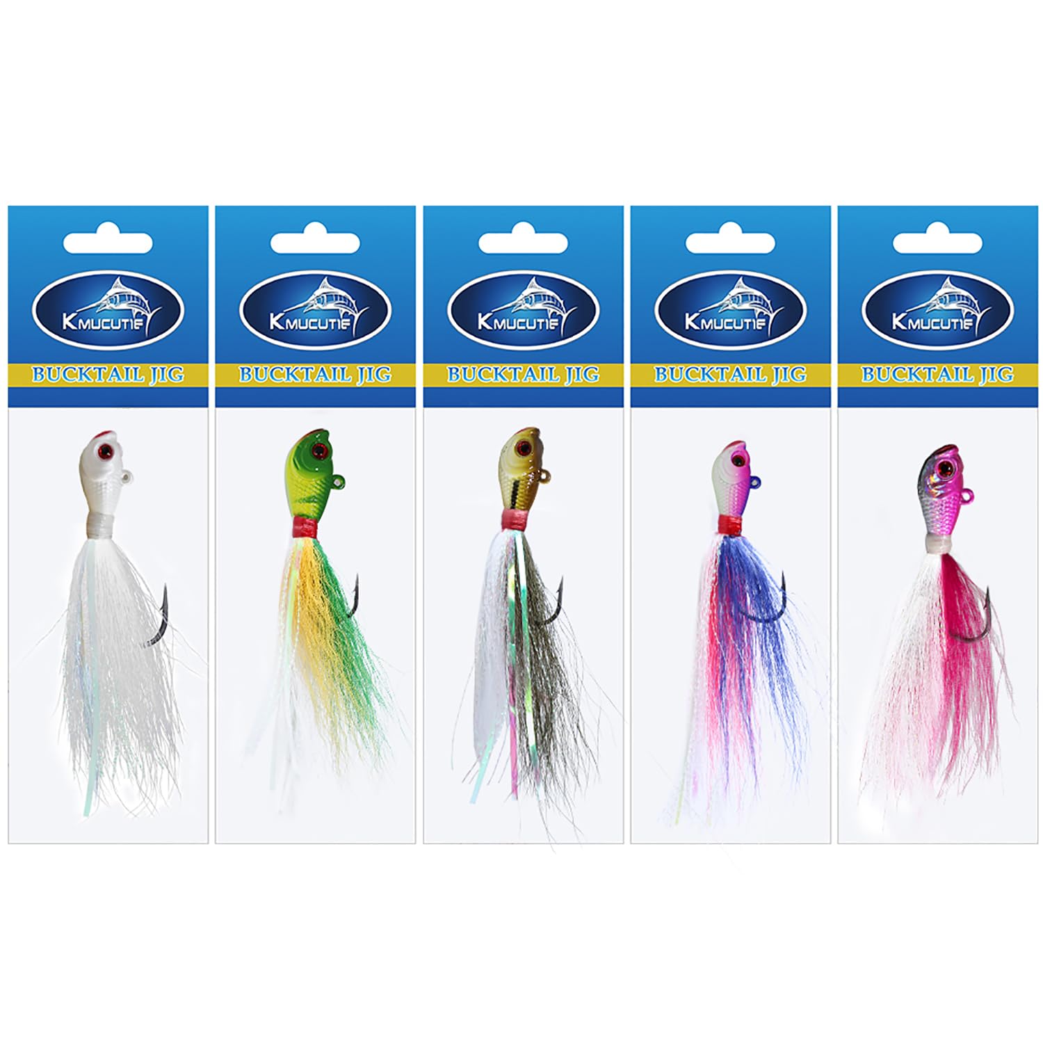 kmucutie 5 pcs deer tail hair bucktail Jigs saltwater or freshwater bait,for bass flounder fluke striper fishing lure (Mixed color C, 0.5 OZ)