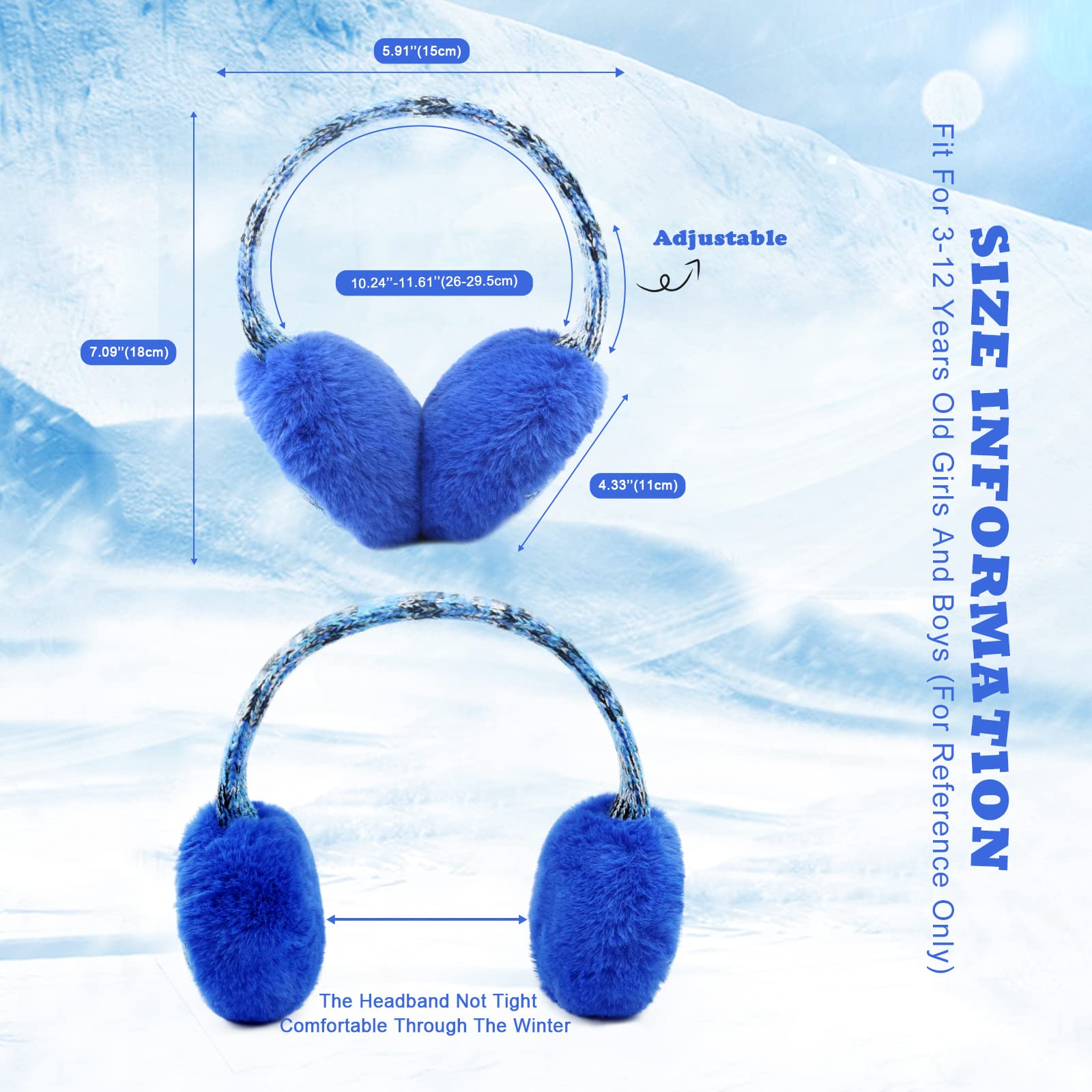 RAOEXI Winter Ear Muffs For Kids Warm Furry Knit Girls Earmuffs Boys Baby Plush Toddler Ear Warmers Outdoor Ear Covers(Blue)