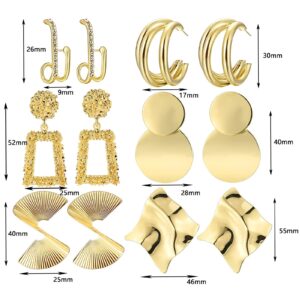 6 Pairs Gold Drop Dangle Earrings for Women Geometric Statement Earring Exaggerated Twisted Gold Earrings Set Jewelry for Women and Girls (6 Pairs Gold)