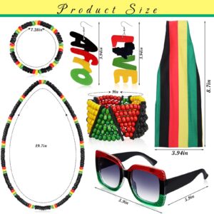 7 Pieces Jamaica Women's Jewelry Set Rasta Headband Oversized Square Sunglasses 2 Wood Dangle Earrings Jamaica Necklace Jamaica Bracelet Rasta Beaded Bracelet for Black Women