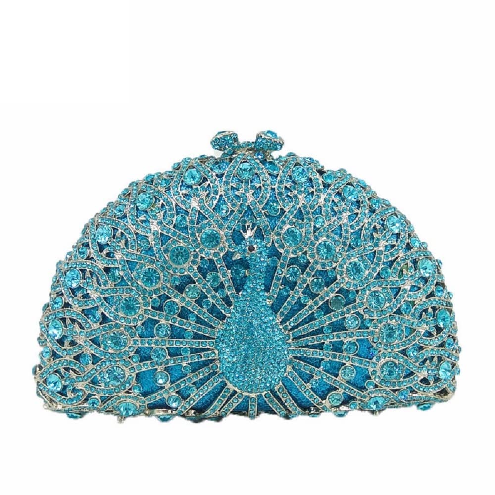 Boutique De FGG Peacock Crystal Clutch Bag Women Formal Evening Handbags Bridal Wedding Rhinestone Clutch Purse Party Bag, Mini, Light Blue