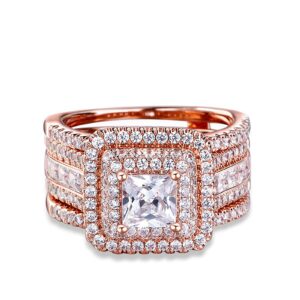 Jeulia 3 PC Enhancer Ring Set for Women 925 Sterling Silver Princess Cut Diamond Engagement Rings Cubic Zirconia Halo Solitaire Wedding Rings Anniversary Promise Rings for Her with Jewelry Box (Rose Gold, 6.5)