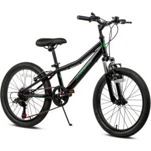 avasta 20'' big kids mountain bike for age 6 7 8 9 10 11 12 years old boys girls teen with suspension fork front & rear dual hand brakes 6 speeds drivetrain, black