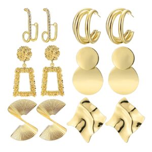 6 Pairs Gold Drop Dangle Earrings for Women Geometric Statement Earring Exaggerated Twisted Gold Earrings Set Jewelry for Women and Girls (6 Pairs Gold)