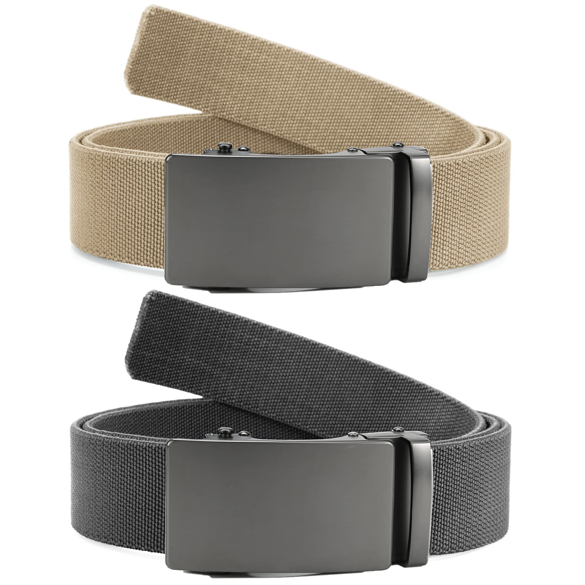 CHAOREN Ratchet Grey & Khaki Elastic Belt for Men 2 Pack - Nylon Web Adjustable Belt 1 3/8" Fabric Golf Belt - for Casual