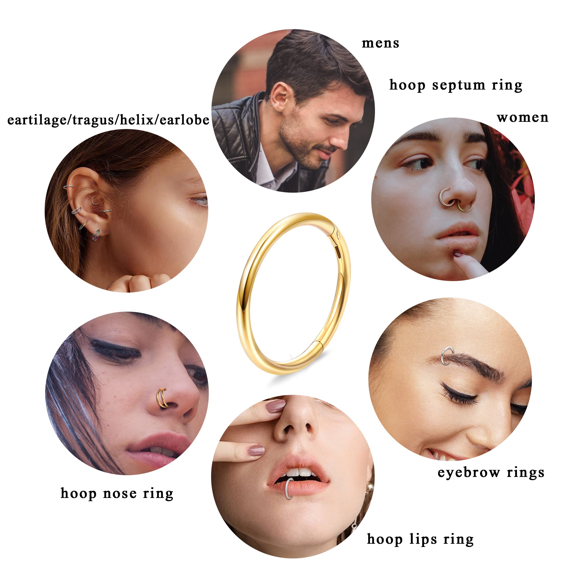 Dochais Surgical Steel Nose Rings and Earrings - 8mm and 10mm Hoops and Hinged Clicker Rings for Septum, Conch, Lip and Cartilage Piercings