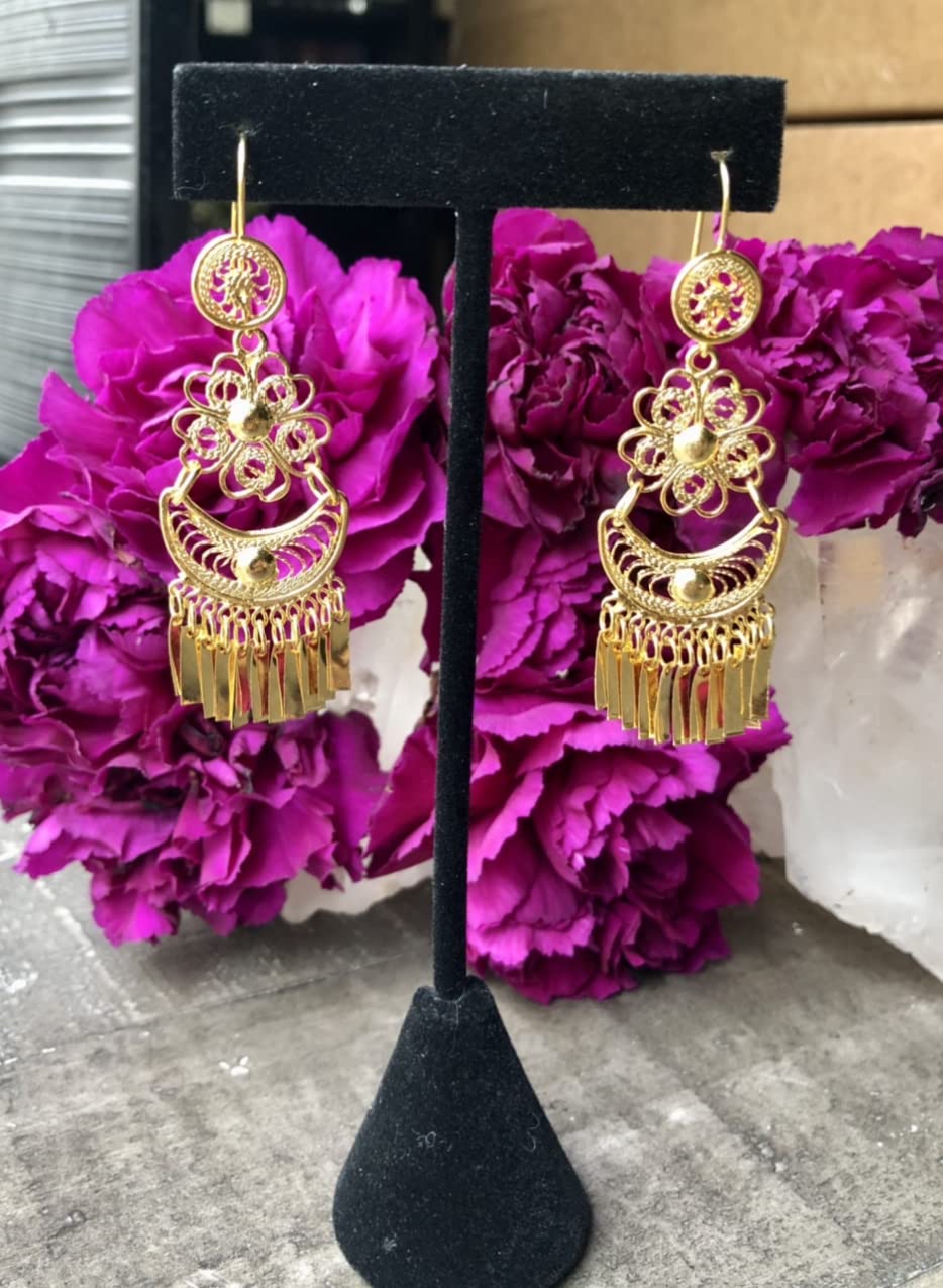 Folklorico Dance Mexican Gold Filigree Earrings, Small Flower Dangle, Day of the Dead, Mexican Earrings