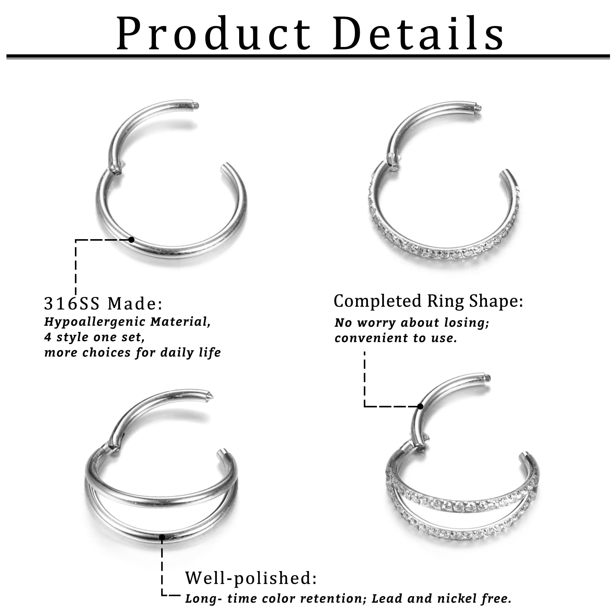 Dochais Surgical Steel Nose Rings and Earrings - 8mm and 10mm Hoops and Hinged Clicker Rings for Septum, Conch, Lip and Cartilage Piercings