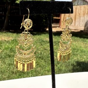 Folklorico Dance Mexican Gold Filigree Earrings, Small Flower Dangle, Day of the Dead, Mexican Earrings