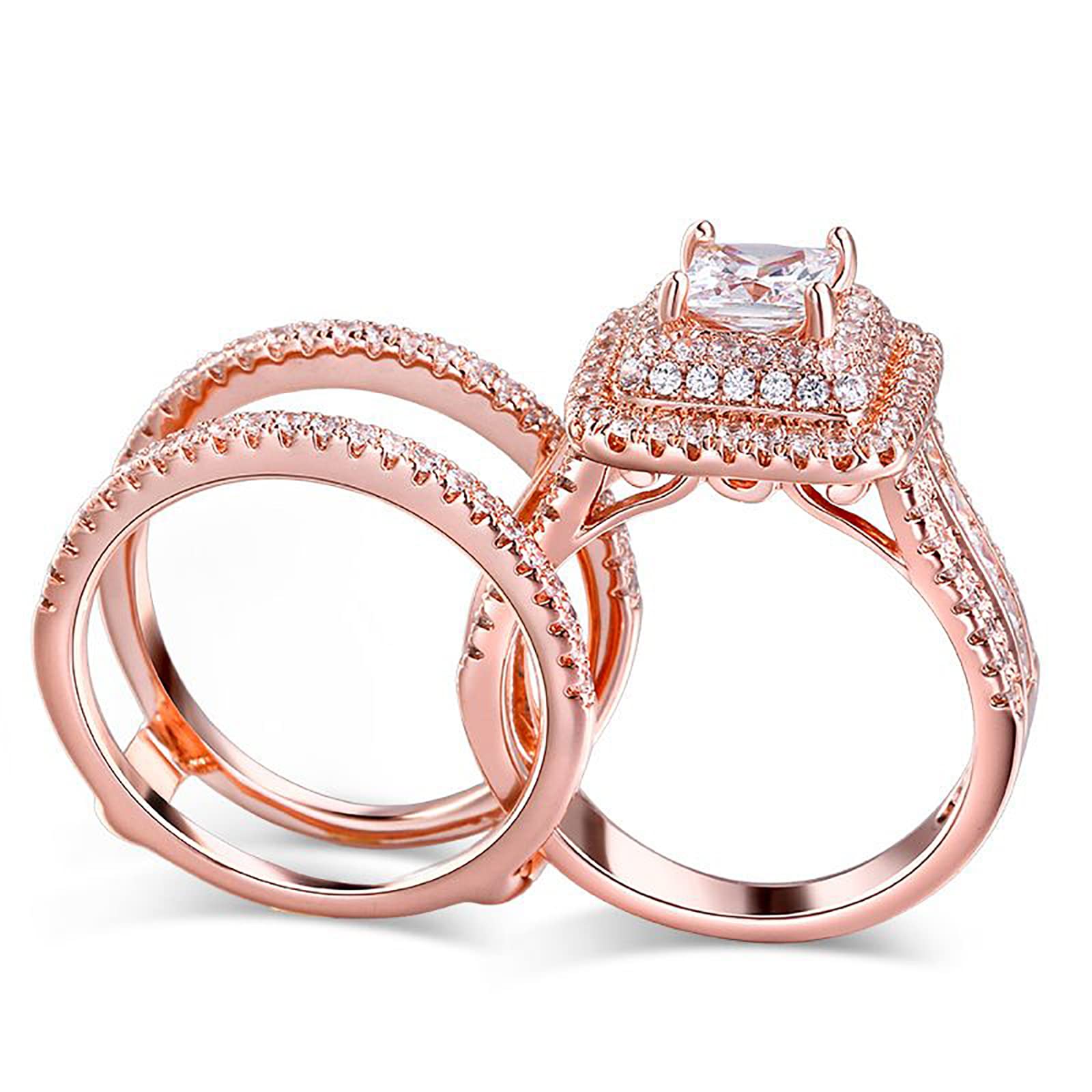 Jeulia 3 PC Enhancer Ring Set for Women 925 Sterling Silver Princess Cut Diamond Engagement Rings Cubic Zirconia Halo Solitaire Wedding Rings Anniversary Promise Rings for Her with Jewelry Box (Rose Gold, 6.5)