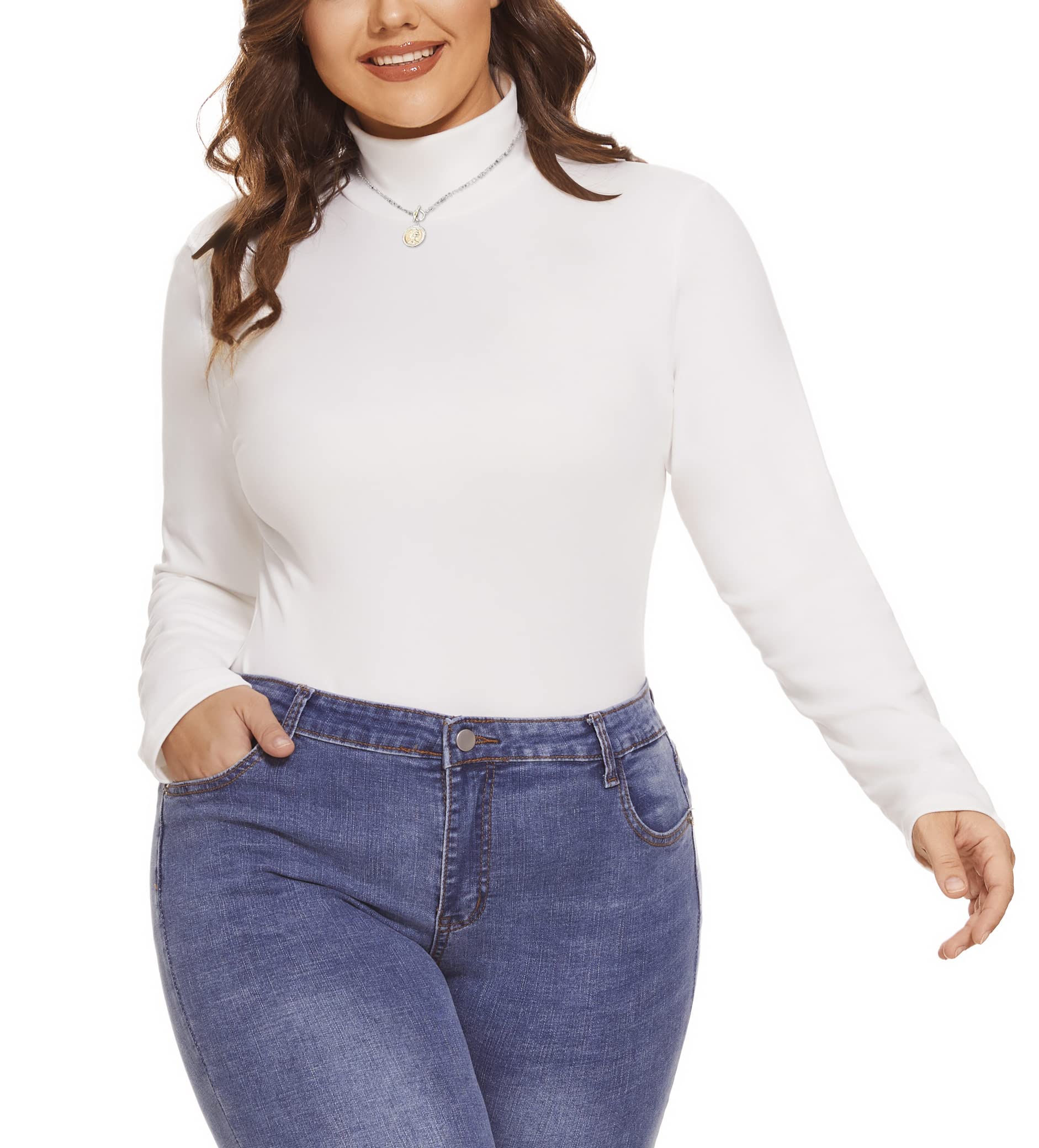 COOTRY Womens Plus Size Fleece Lined Turtleneck Mock Neck Tops Long Sleeve Thermal Shirts Base Layer White 3XL