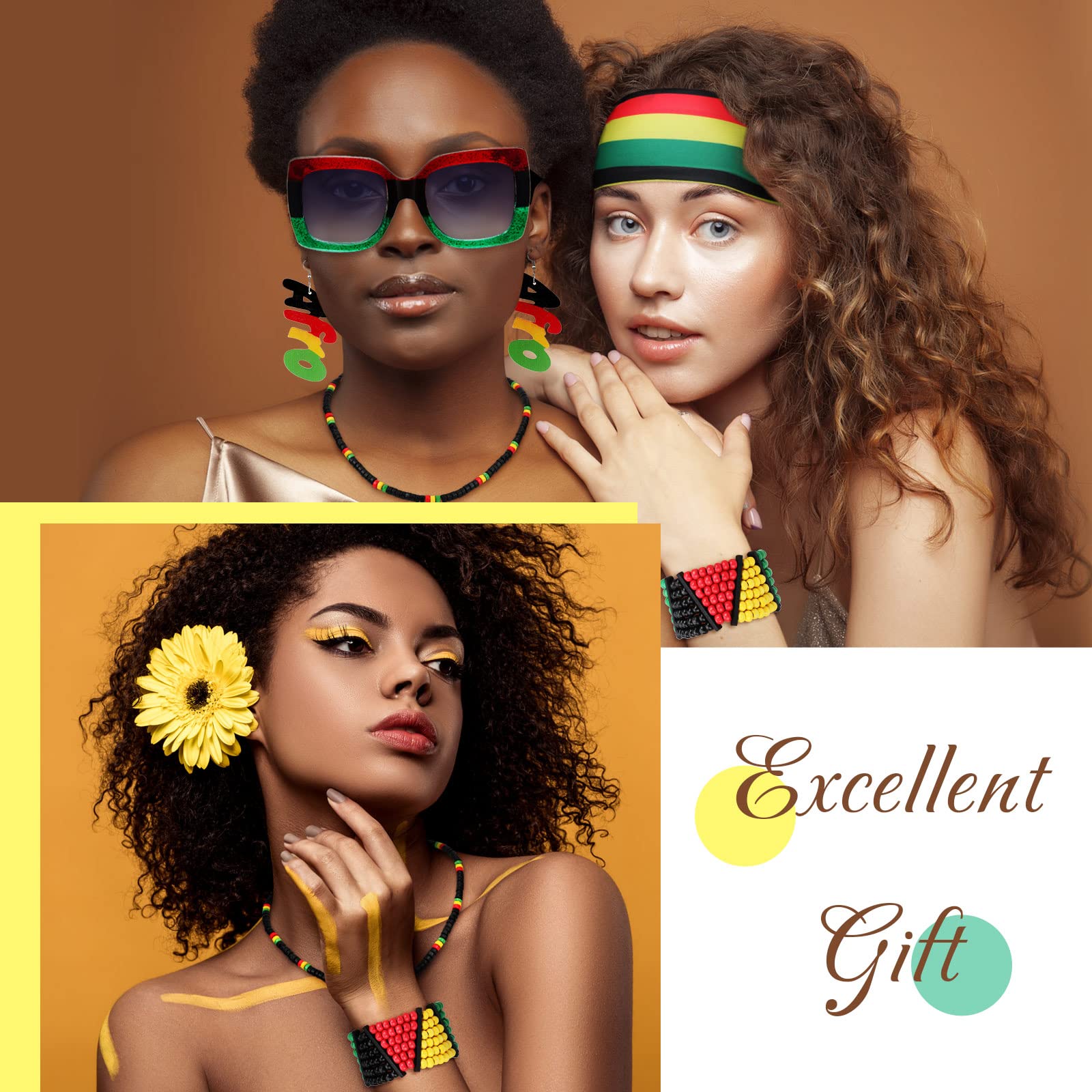 7 Pieces Jamaica Women's Jewelry Set Rasta Headband Oversized Square Sunglasses 2 Wood Dangle Earrings Jamaica Necklace Jamaica Bracelet Rasta Beaded Bracelet for Black Women