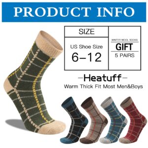 Heatuff Mens Warm Wool Socks Thermal Winter Thick Crew Pattern Socks Cold Weather 5 Pairs