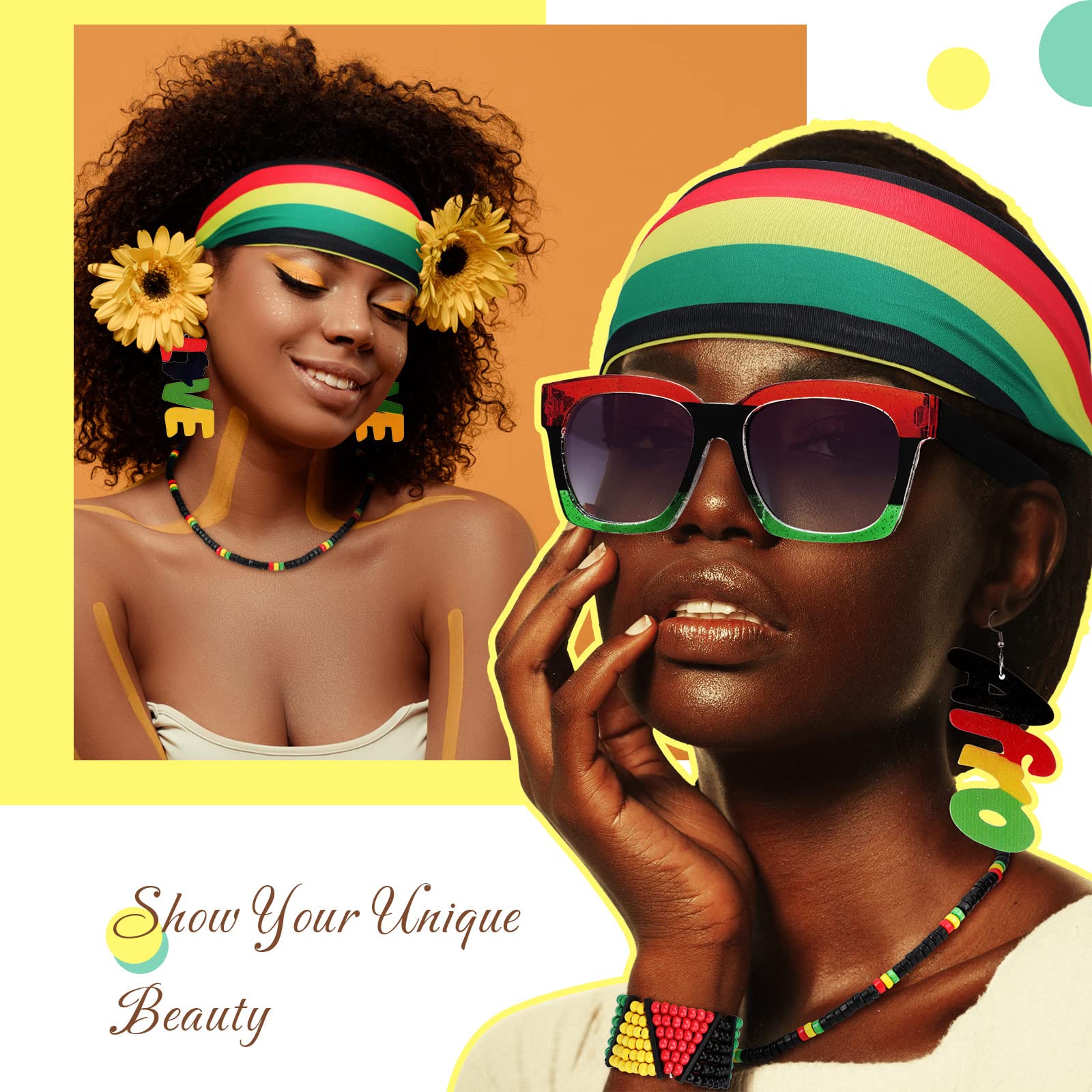 7 Pieces Jamaica Women's Jewelry Set Rasta Headband Oversized Square Sunglasses 2 Wood Dangle Earrings Jamaica Necklace Jamaica Bracelet Rasta Beaded Bracelet for Black Women