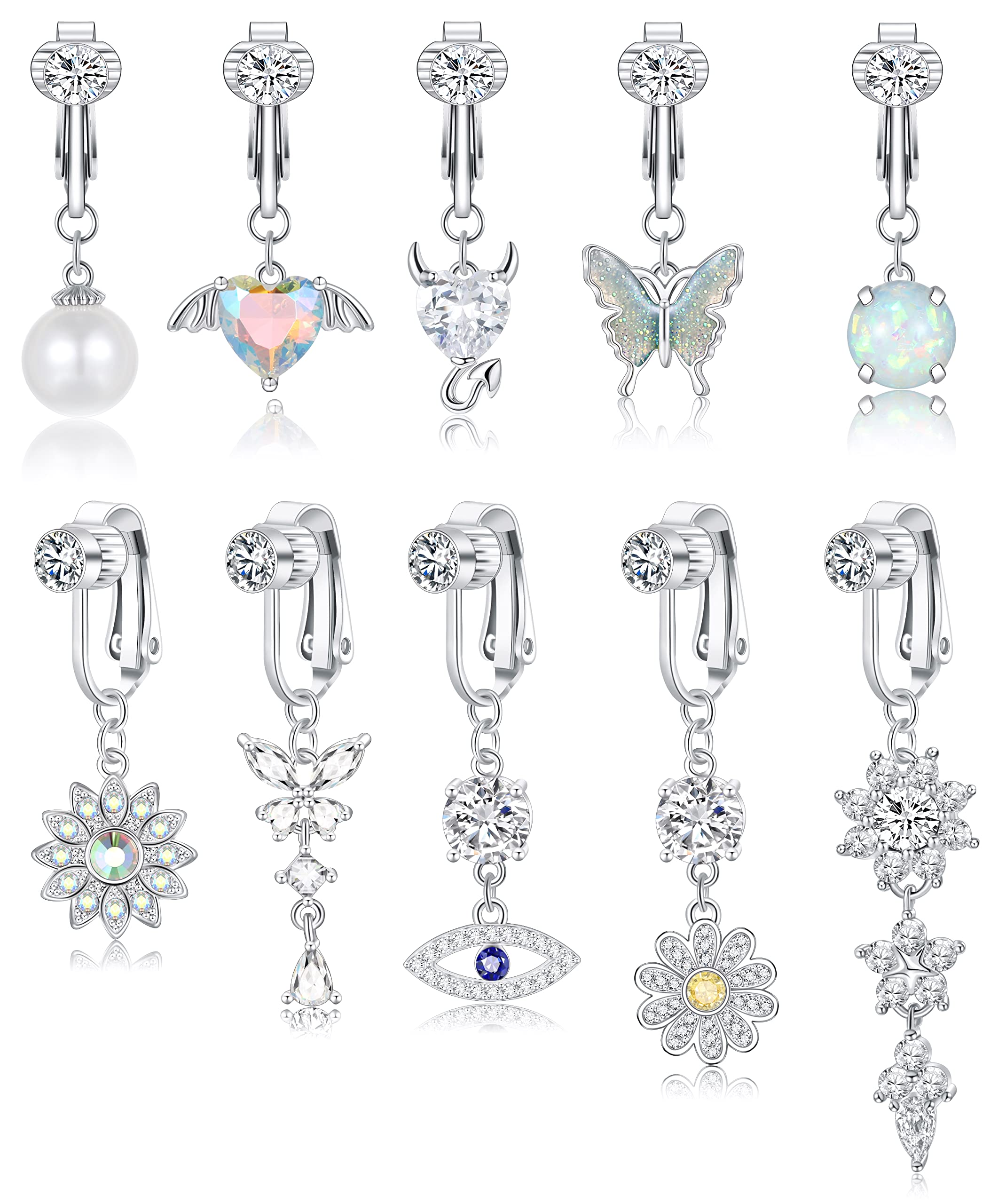 LYLYMIMI Fake Belly Ring Piercing Clip On Belly Button Rings for Women with Cute Snake Butterfly Opal Elements Non Piercing Jewelry Silver