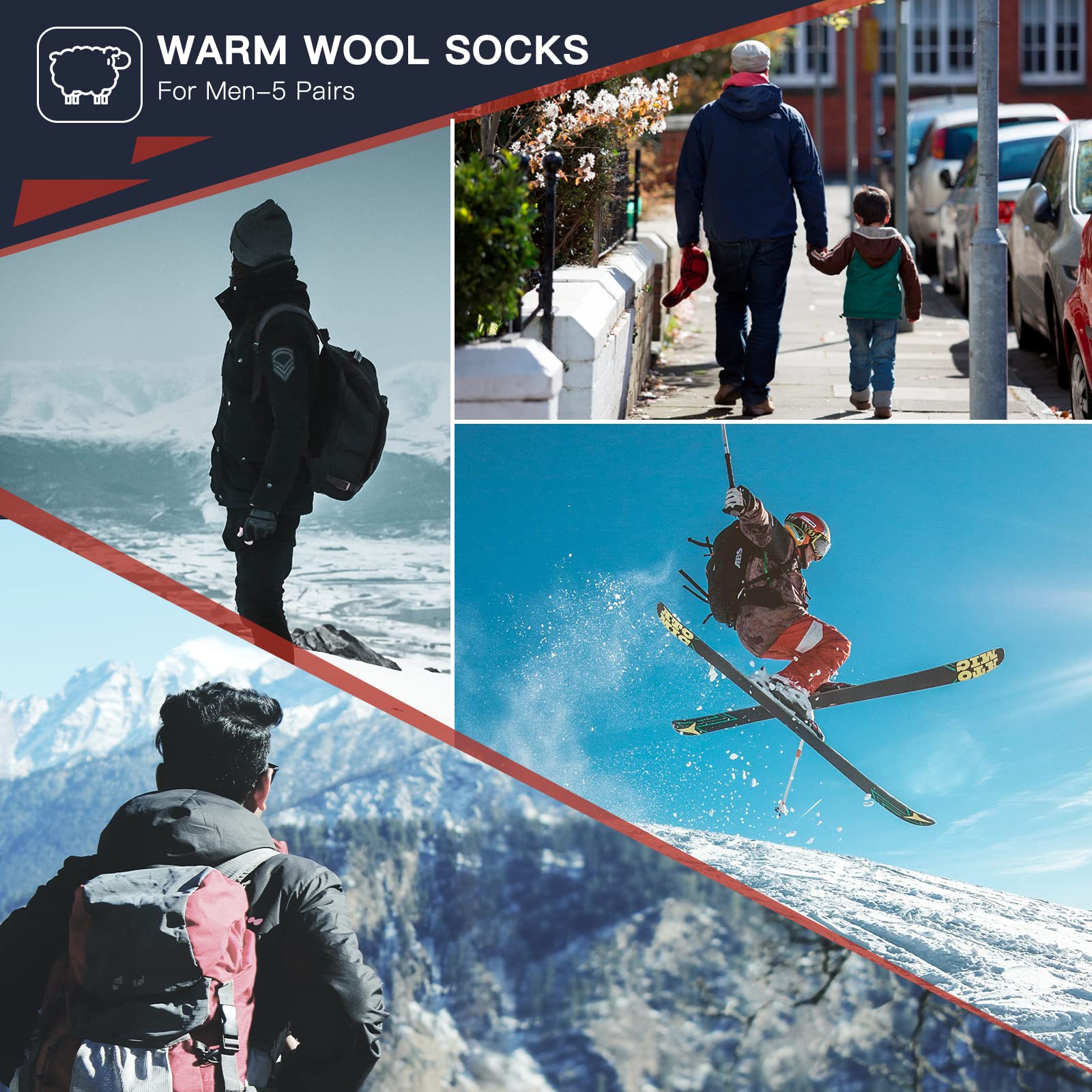 Heatuff Mens Warm Wool Socks Thermal Winter Thick Crew Pattern Socks Cold Weather 5 Pairs