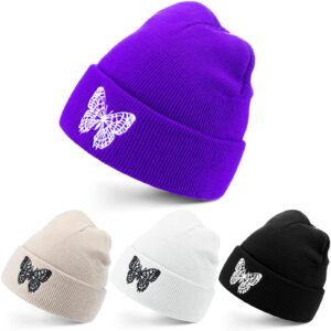 4 pieces beanie hats for men women soft winter hats warm cuffed knit skull cap for winter, butterfly style, assorted colors