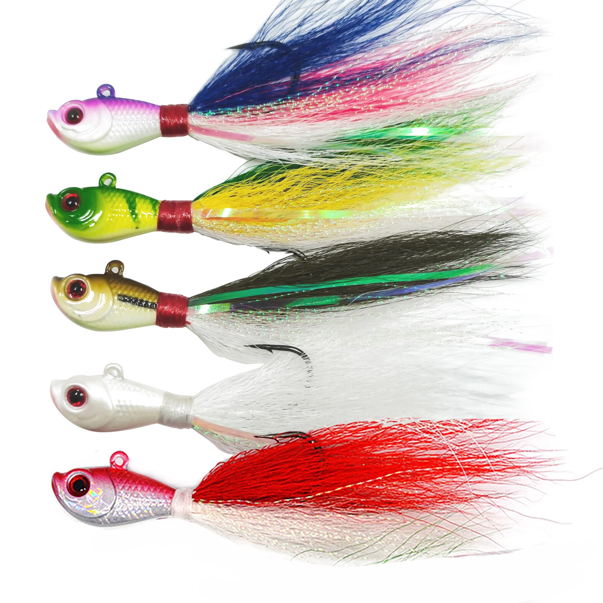 kmucutie 5 pcs deer tail hair bucktail Jigs saltwater or freshwater bait,for bass flounder fluke striper fishing lure (Mixed color C, 0.25 OZ)