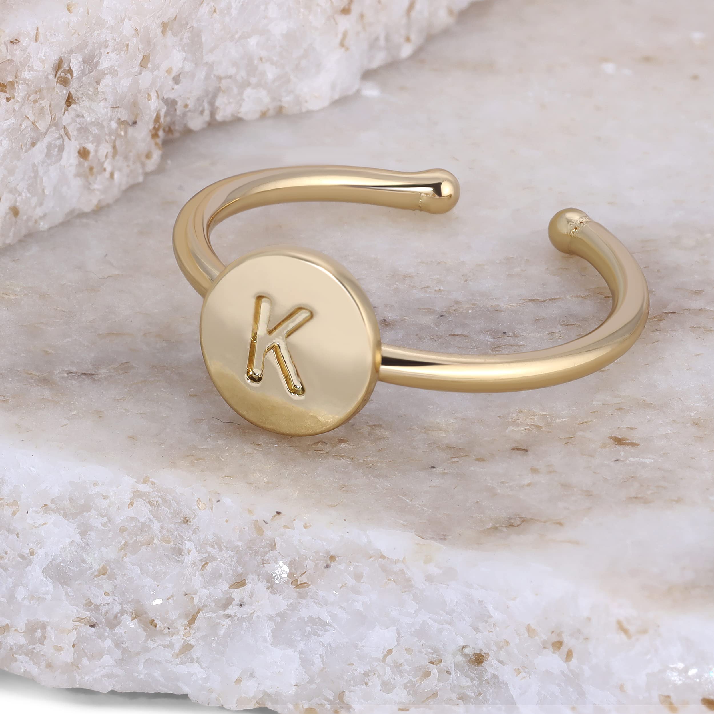 Lucky Feather Initial Rings for Women 14k Gold Dipped Personalized A - Z Alphabet Letter Ring - Adjustable Monogram Rings, Ideal Gifts for Women and Teen Girls