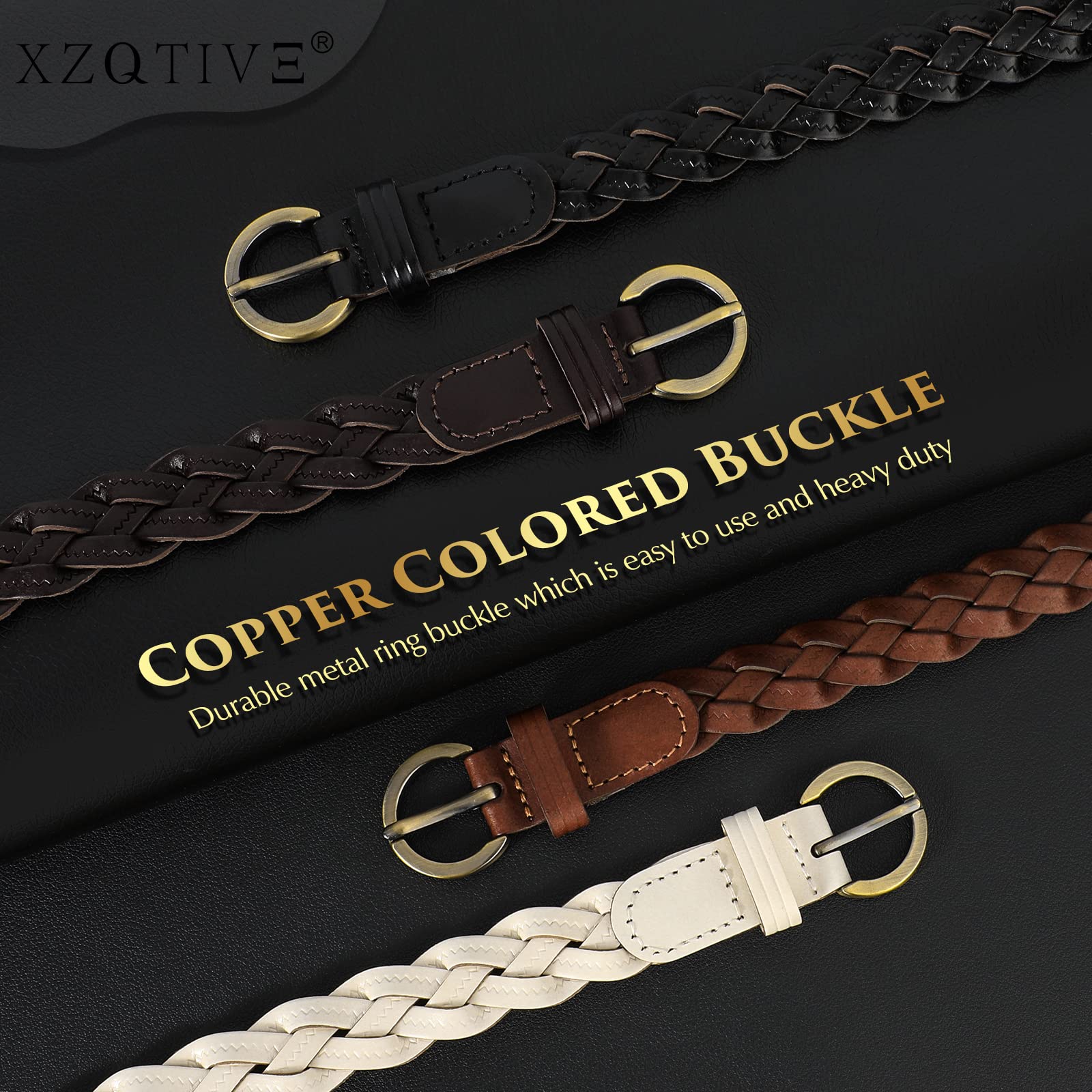 XZQTIVE 2 Pieces Women's Braided Leather Belts Casual Skinny Woven Belt for Jean Pant