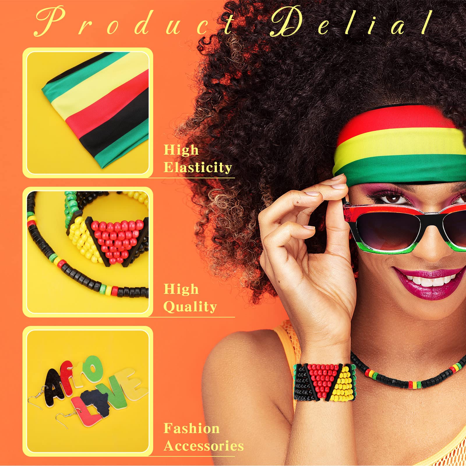 7 Pieces Jamaica Women's Jewelry Set Rasta Headband Oversized Square Sunglasses 2 Wood Dangle Earrings Jamaica Necklace Jamaica Bracelet Rasta Beaded Bracelet for Black Women