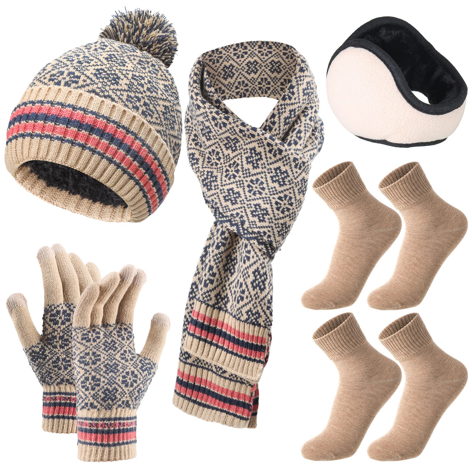 5 in 1 Women Soft Warm Thick Cable Knitted Beanie Hat Scarf Gloves Socks Earmuff Set Thickened Lining Cap Touchscreen Gloves (Beige, Khaki)