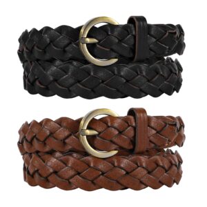 XZQTIVE 2 Pieces Women's Braided Leather Belts Casual Skinny Woven Belt for Jean Pant