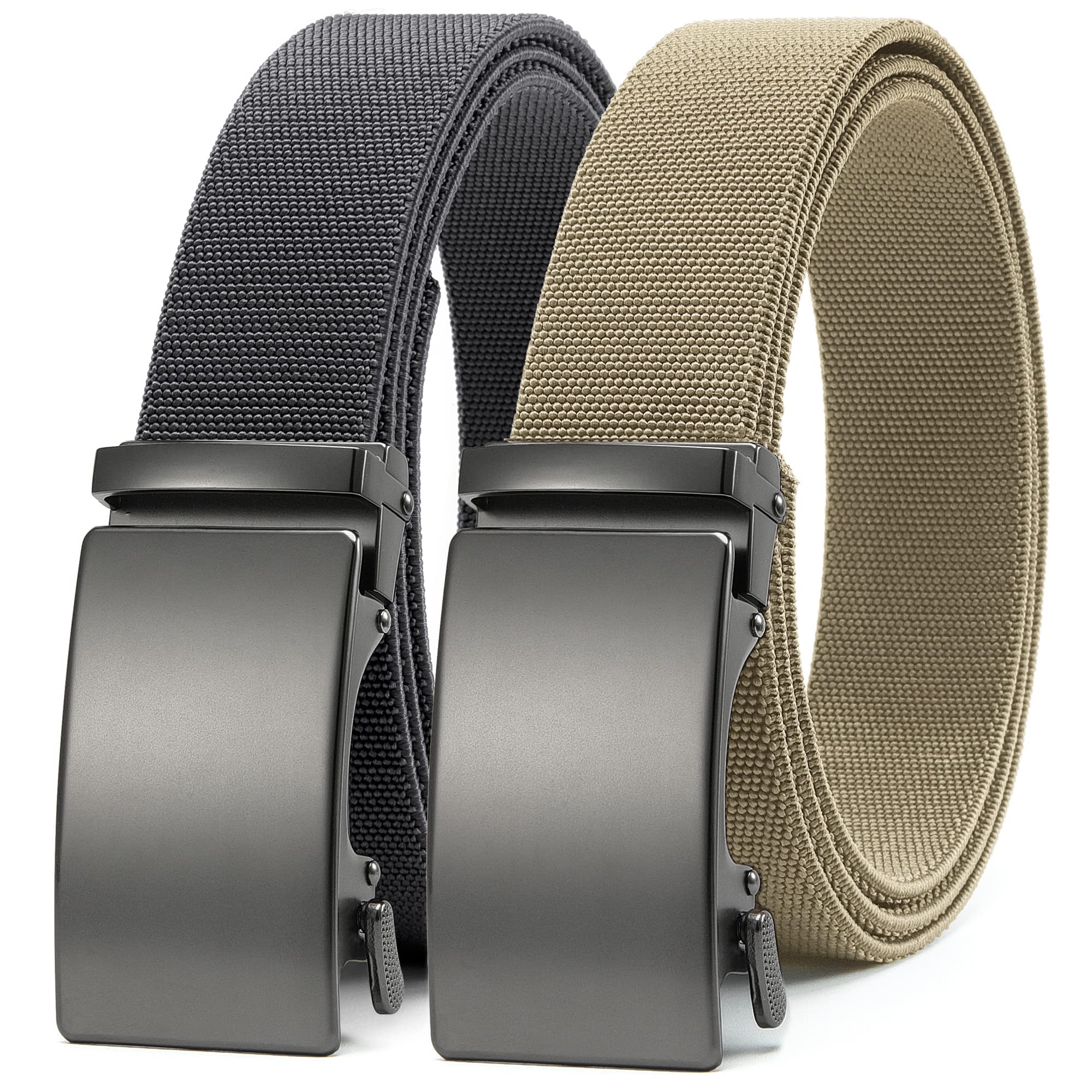 CHAOREN Ratchet Grey & Khaki Elastic Belt for Men 2 Pack - Nylon Web Adjustable Belt 1 3/8" Fabric Golf Belt - for Casual