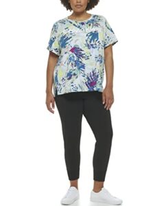 calvin klein performance women plus size active logo print rolled cuff tee, floral wash sea level, 1x