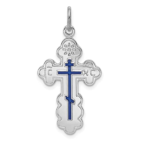 Auriga Fine Jewelry Sterling Silver Rhodium-plated Eastern Orthodox Blue Enamel Cross Pendant (L- 29 mm, W- 17 mm) Gift for Women