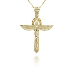 Ancient Egypt Jewelry Horus 14K Yellow Gold Ankh Winged Cross Egyptian Goddess Isis Pendant Necklace, 18"