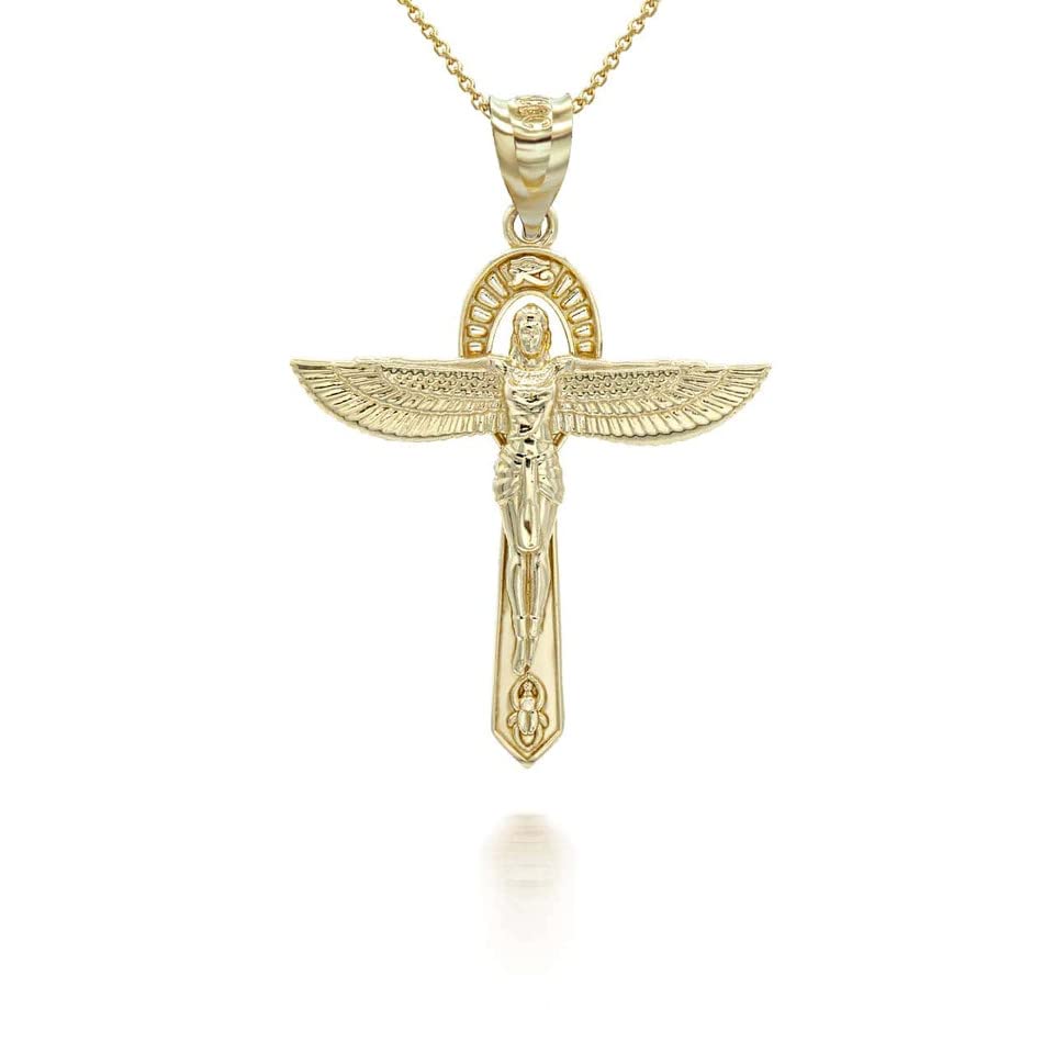 Ancient Egypt Jewelry Horus 14K Yellow Gold Ankh Winged Cross Egyptian Goddess Isis Pendant Necklace, 18"