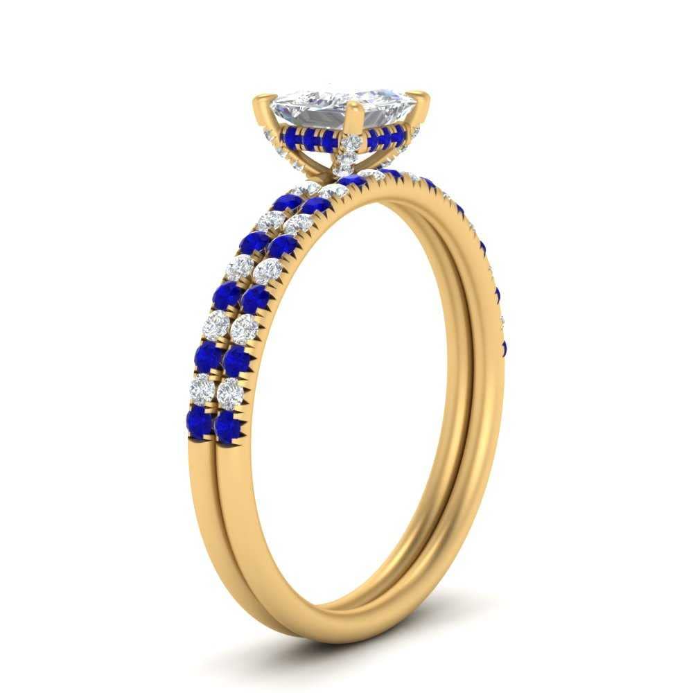 Jewelryonclick Princess Cut Hidden Halo Wedding Rings Yellow Gold Plated Created Blue Sapphire Princess Shape Blue Color Wedding Ring Sets Halo Setting in Size 7 Fashion Jewelry