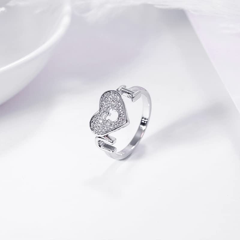 Women's Mickey Heart Shape Rings 925 Silver Plated Cubic Zirconia Mouse Ring For Women Party Jewelry Band (Color 2, 9)