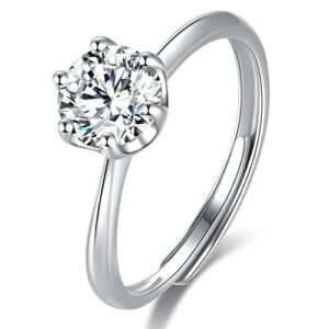 Letalong 1CT Adjustable Moissanite Rings for Women, S925 Sterling Silver 6 Prong Moissanite Engagement Ring